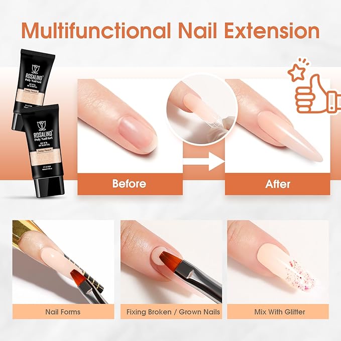 ROSALIND Nude Poly Extension Gel, 60ml Nude Poly Nail Gel for Nail Art Decoration, Hot Builder Color Nail Thickening Extension Easy to DIY Use at Home Need UV Lamp