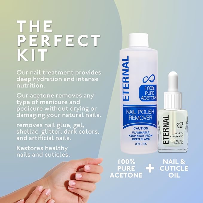 Eternal Acetone Nail Polish Remover & Cuticle Oil Drops - 100% Pure Acetone for All Nail Polish Types, Natural Gel & Acrylic Nail Care Treatment for Damaged Nails, For Men & Women