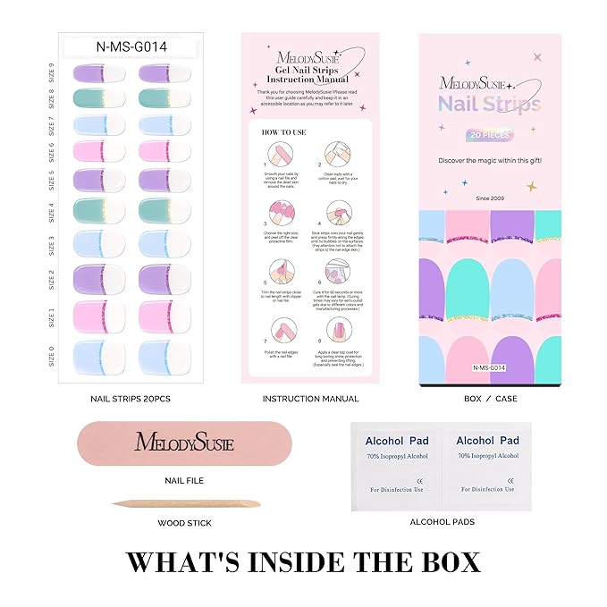 MelodySusie Semi Cured Gel Nail Strips, 20 PCS Gel Nail Stickers, UV Light Required, Durable & Salon Quality (Macaroon French Tips)