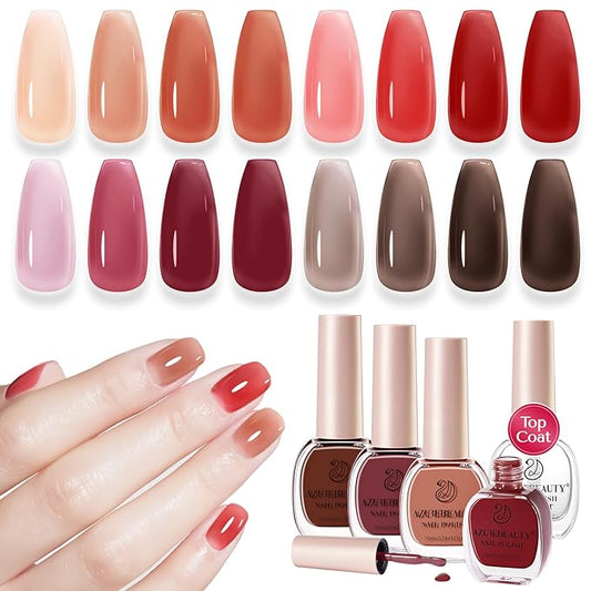 AZUREBEAUTY Jelly Nail Polish Set 4 Colors Nude Brown Red Purple Quick Dry Transparent Sheer Nail Polish Natural Nail Lacquer Fingernail with Top Coat DIY Salon Home