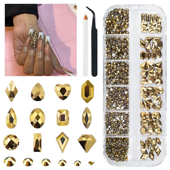2052Pcs Mine Gold Nail Rhinestones 72 Multi Shapes Flatback metallic golden Rhinestones Gems +1980 Round Beads K9 Glass Nail Stones Diamonds Nail Art Supplies for Nails Faces Eyes Makeup Crafts