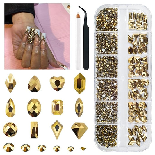 2052Pcs Mine Gold Nail Rhinestones 72 Multi Shapes Flatback metallic golden Rhinestones Gems +1980 Round Beads K9 Glass Nail Stones Diamonds Nail Art Supplies for Nails Faces Eyes Makeup Crafts
