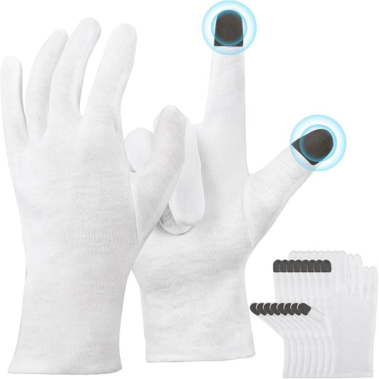 Extra Large Touch Screen Gloves, 5 Pairs White Cotton Gloves for Art Handling, Coin Handling, Jewelry, Photography, for Dry Hands Sleeping, with Pack of 20 Touch Screen Stickers
