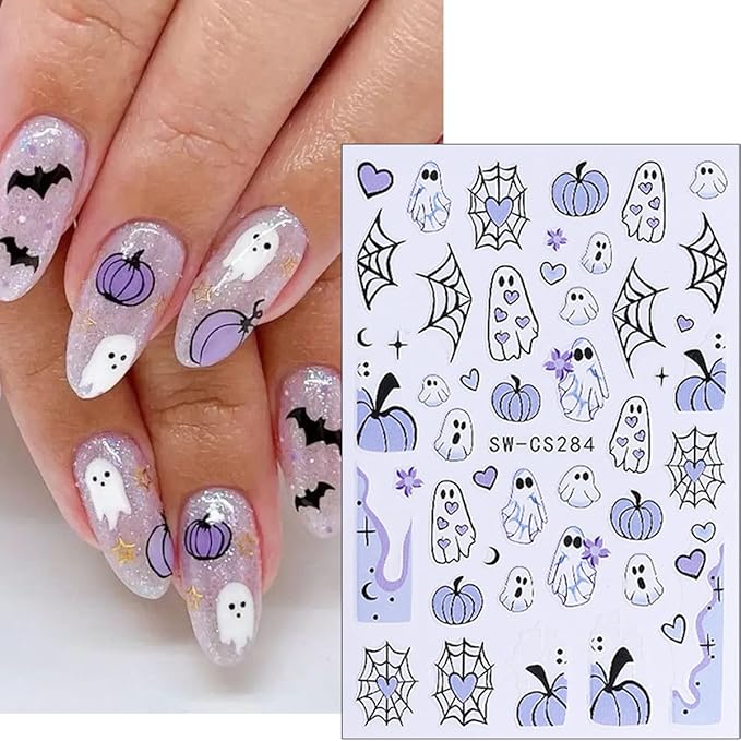 8Pcs Halloween Nail Stickers Cute Rabbit Ghost Nail Decals 3D Self Adhesive Pumpkin Spider Web Design Fall Nail Art Stickers Horror Ghost Nails Supplies French Sticker for Holiday Manicure Decoration