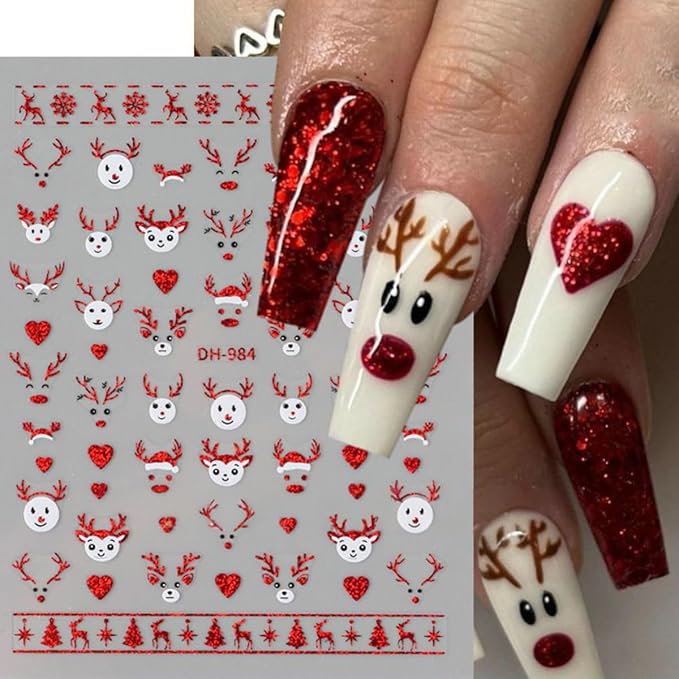 Christmas Nail Art Stickers Deer Antler Christmas Nail Decals 3D Self-Adhesive Nail Art Supplies 6PCS Red Bell Xmas Trees Santa Claus Elk Xmas Design Nails Adhesive Stickers for Women Nail Decorations