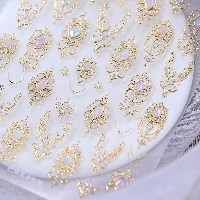 5D Embossed Gold Nail Stickers for Nail Art Gemstone Nail Art Stickers Vintage Gold Nail Decals Self Adhesive Nail Design Manicure Supplies Charm for Women Girls Nails Decorations
