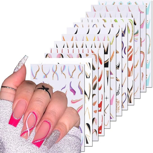 12PCS Line Nail Stickers 3D Colorful Lines Nail Decals Self-Adhesive Nail Art Supplies Gold Glitter Curve Waves Pink Stripes Nail Designs French Nail Tips DIY Manicure Decoration Accessories for Women