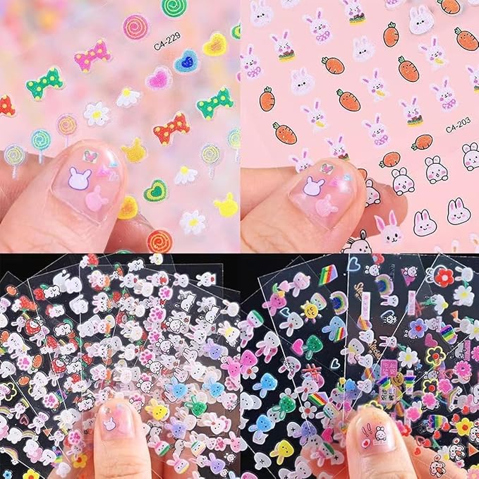 30 Sheets Cute Bunny Nail Art Stickers Set Easter Nail Sticker 3D Cats Paw Design Stickers Self-Adhesive Cartoon Nail Supplies Rabbit Cherry Cat Claw Nail Decorations for Women Girl
