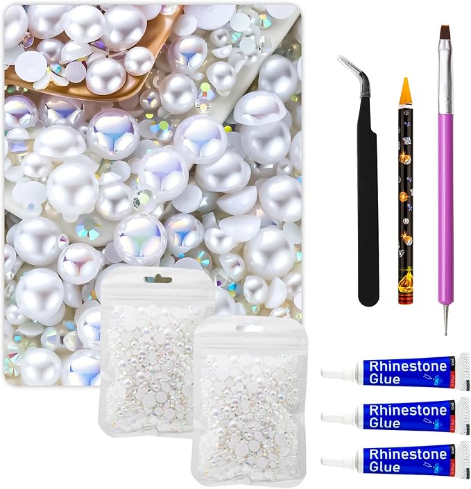 60g White Flat Back Pearls Rhinestones for Crafts Mixed Size 3mm-10mm AB Color Round Half Pearls Flatback Pearl Beads and Resin Rhinestones Set for Face Art with Glue