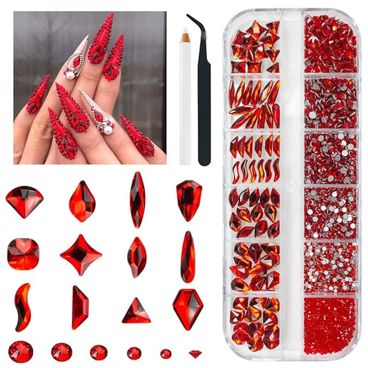 2052Pcs Red Nail Rhinestones 72 Multi Shapes Siam Red Rhinestones for Nails Flatback Nail Gems K9 Glass Round Ruby Red Beads Stones Diamonds Nail Charms Art for Nails Faces Eyes Makeup Crafts