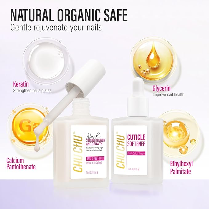 Nail Strengthener and Growth: Milky White Hardener and Repair & Cuticle Softener Set - Protein Ridge Filler Polish Quick Dry for Weak Peeling Brittle Nails - for Women Home Salon