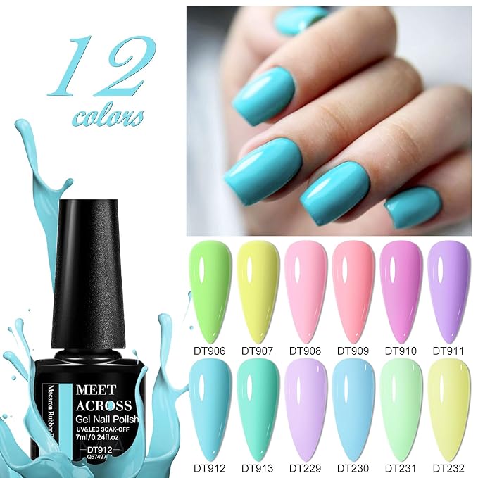 MEET ACROSS 12PCS Gel Nail Polish Set, 12 Colors Gel Nail Kit Art Design Soak Off UV LED,Nail Art Design Gifts for Women (SET-12, 12PCS)