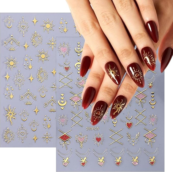 8 Sheets Gold and Silver Heart Shape Nail Art Stickers 3D Moon Sun Star Nail Stickers Self-Adhesive Retro Gold and Silver Clouds Little Stars Design Women DIY Nail Manicure Decoration
