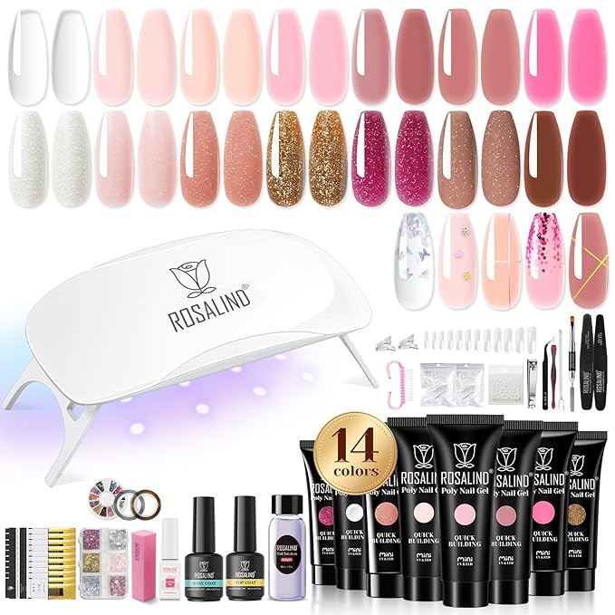 ROSALIND 14 Colors Poly Nail Gel Kit with Mini Nail Lamp Pink Brown Poly Nails Gel Kit Starter Kit With Slip Solution Kit Pink Extensions Gelfor Nail Manicure Beginner