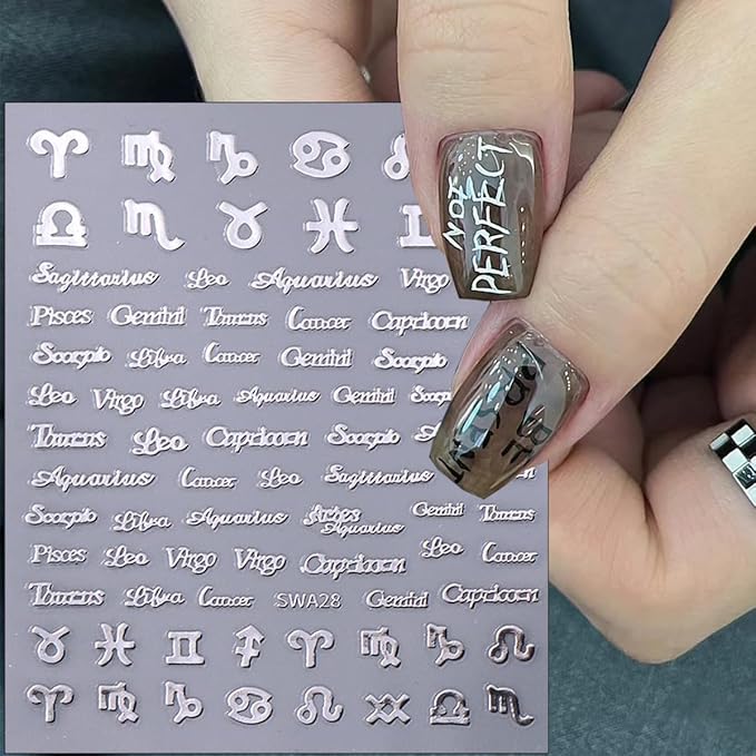 6Pcs Constellation Nail Art Stickers 3D English Letters Nail Stickers for Nail Art Decoration Self-Adhesive 12 Constellations English Nail Design Supplies Gold Silver Pink French Nail Decals for Women