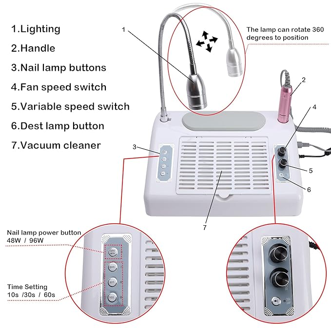 Nail Dust Collector Vacuum Multifunction Nail Art Machine,40W Nail Dust Collector for Acrylic,30000PRM Nail Drill with Bits and Sanding Bands, 48W/96W UV LED Nail Lamp, 6W Table Light, Hand Cushion