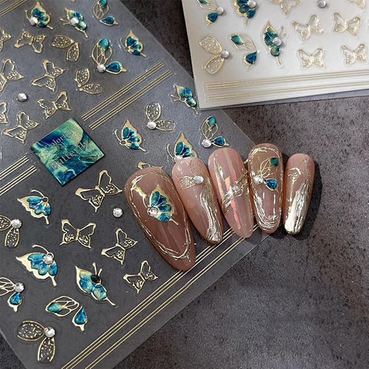 5D Embossed Butterfly Nail Stickers - Green Butterfly Gold Edge Design Shiny Nail Art Decals - Self Adhesive for Women's Manicure
