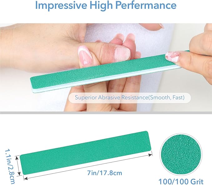 Nail Files: 7" Long, 100/100 Grit Buffer for Acrylic, Gel, Dip Powder & Poly Gel Nails - Washable, Reusable, Double Sided - 50 Count