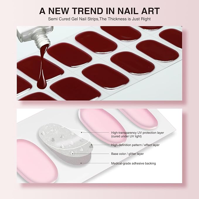 Semi Cured Gel Nail Strips, 20 PCS Gel Nail Stickers Work with UV Light, Gel Nail Wraps, Salon Quality & Easy to Use - Sultry Cinders