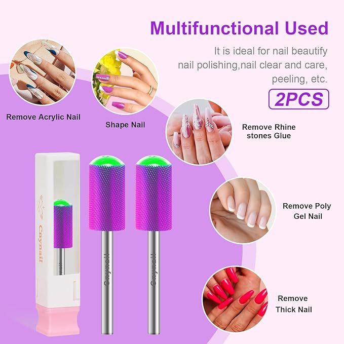 3/32" 2PCS Large Barrel Smooth Round Top Tungsten Carbide Nail Drill Bit Safety Bit for Gel & Acrylic Removal, 2-Way Rotating Efile Tip, Salon Electric File Accessory (XF Grit, Purple)