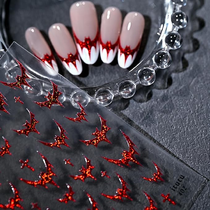 Halloween Nail Stickers Bat Nail Art Decals Red Bronzing Self-adhesive Nail Stickers Shiny Bat Nail Art Supplies French Tip Manicure Decals Cute Halloween Nails Accessories for Women Nails Decorations