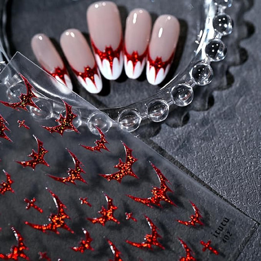 Halloween Nail Stickers Bat Nail Art Decals Red Bronzing Self-adhesive Nail Stickers Shiny Bat Nail Art Supplies French Tip Manicure Decals Cute Halloween Nails Accessories for Women Nails Decorations