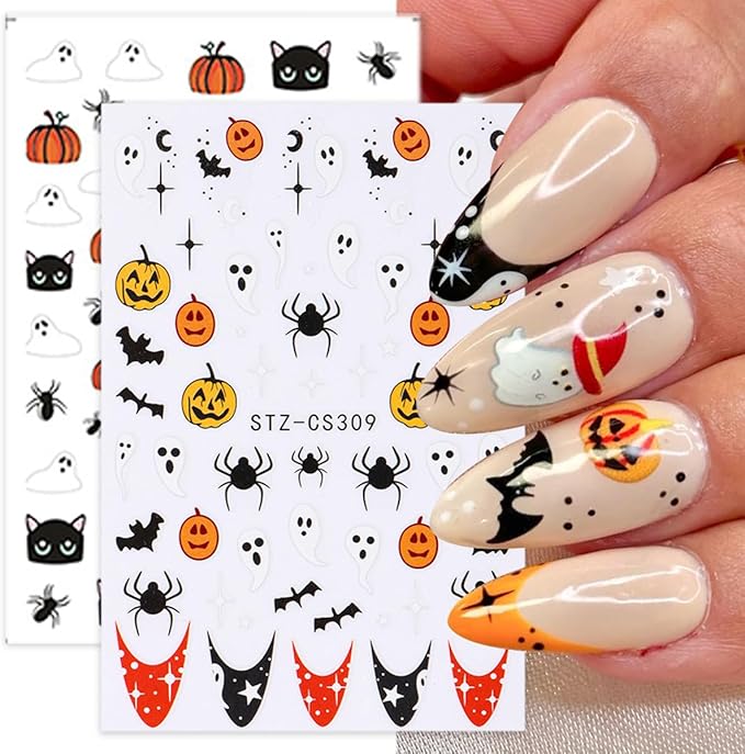 8 Sheets Halloween Nail Stickers 3D Self-Adhesive Horror Mushroom Nail Art Stickers Cat Flower Spider Pumpkin Nail Design Cute Ghost with French Tip Gothic Nail Decals for Women Manicure Salon