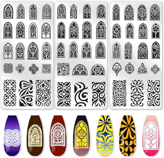 3Pcs Rose Window Nail Stamping Plate Flower Windows Nail Art Stamp Templates Stainless Steel Reusable Tools with Stamper Scraper for Manicure Printing