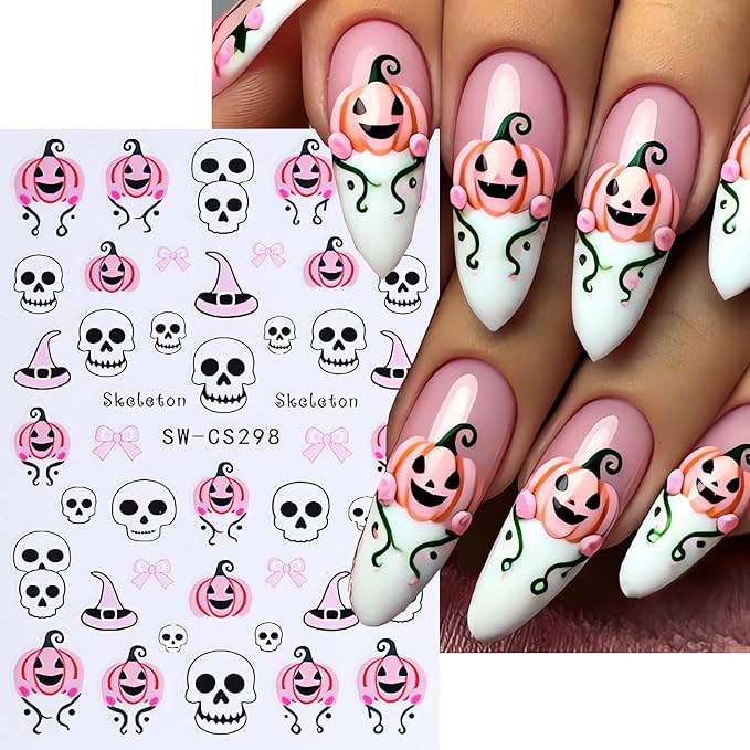 6Pcs Halloween Nail Stickers Butterfly Skull Nail Decals DIY Self Adhesive Cartoon Pumpkin Cat Ghost Web Nail Design Halloween Nail Decoration Supplies Holiday Manicure Accessories for Women Girls