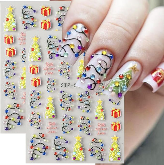 2 Sheets Embossed Christmas Nail Stickers for Nail Art New Year Colorful Light Strips Nail Art Stickers Winter Christmas Tree Nail Decals 5D Self-Adhesive Xmas Gift Box Nail Decoration for Women