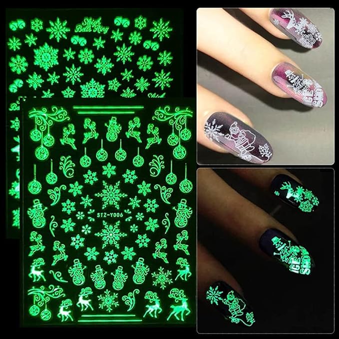 9 Sheets Christmas Glow in The Dark Nail Art Stickers Decals Self-Adhesive Pegatinas Uñas Navidad Winter Holiday Xmas Snowflake Nail Supplies Nail Art Design Decoration Accessories