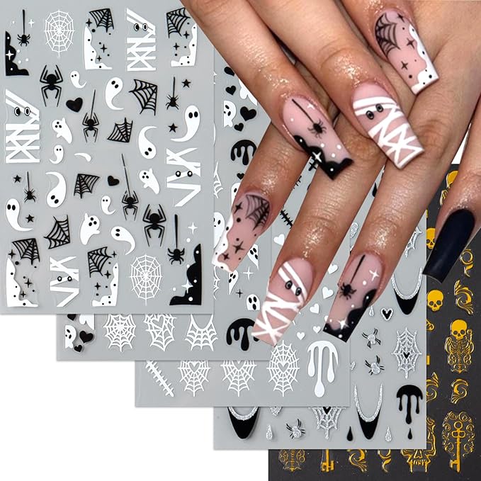 6 Sheets Halloween Nails Stickers Cute Ghost Mummy Nails Art Stickers 3D Self-Adhesive Supplies Nail Decal with Black White Spider Web Design Nail Sticker for Nail Art Women's DIY Decoration