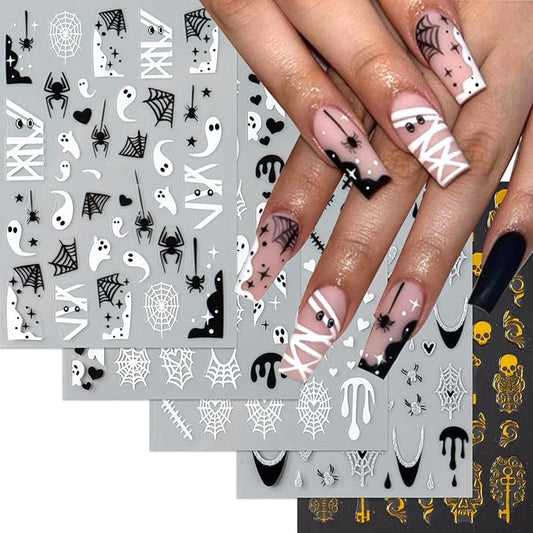 6 Sheets Halloween Nails Stickers Cute Ghost Mummy Nails Art Stickers 3D Self-Adhesive Supplies Nail Decal with Black White Spider Web Design Nail Sticker for Nail Art Women's DIY Decoration