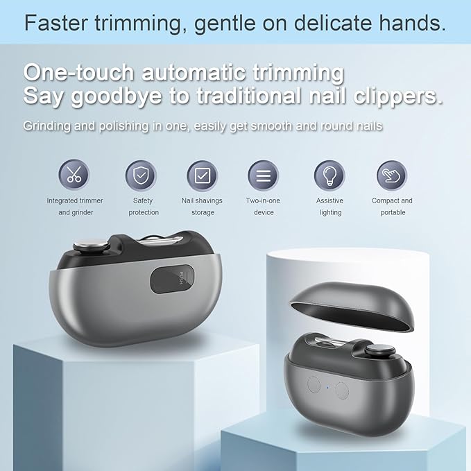 Fanyil Easyclip Smart Nail Clipper, 2025 Upgraded 3-in-1 Automatic Nail Trimmer with LED Light and Clip Storage, Safer for Infants, The Elderly, and Adults (Grey)