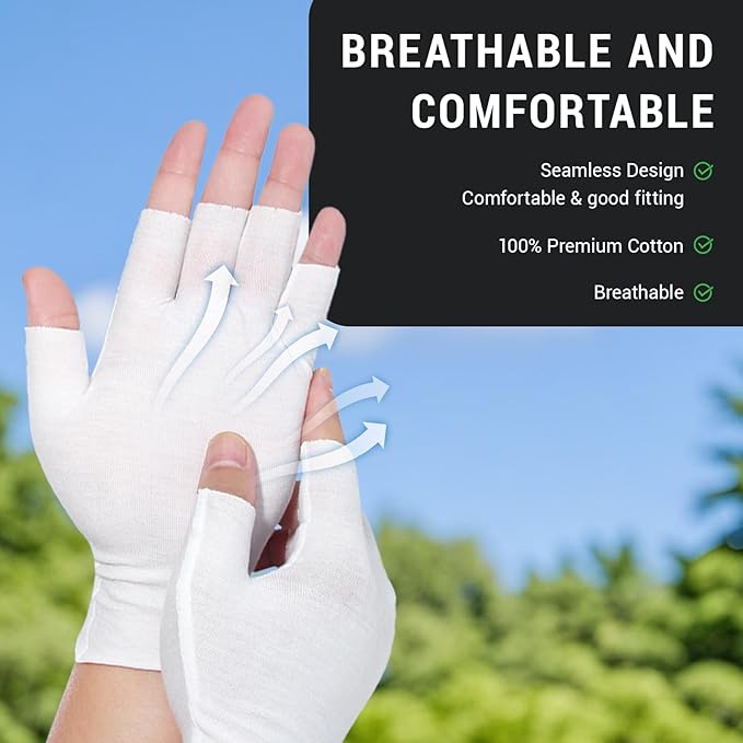 12 Pairs Black Cotton Fingerless Gloves Moisturizing Night, Uv Sun Protection Gloves for Driving (White)