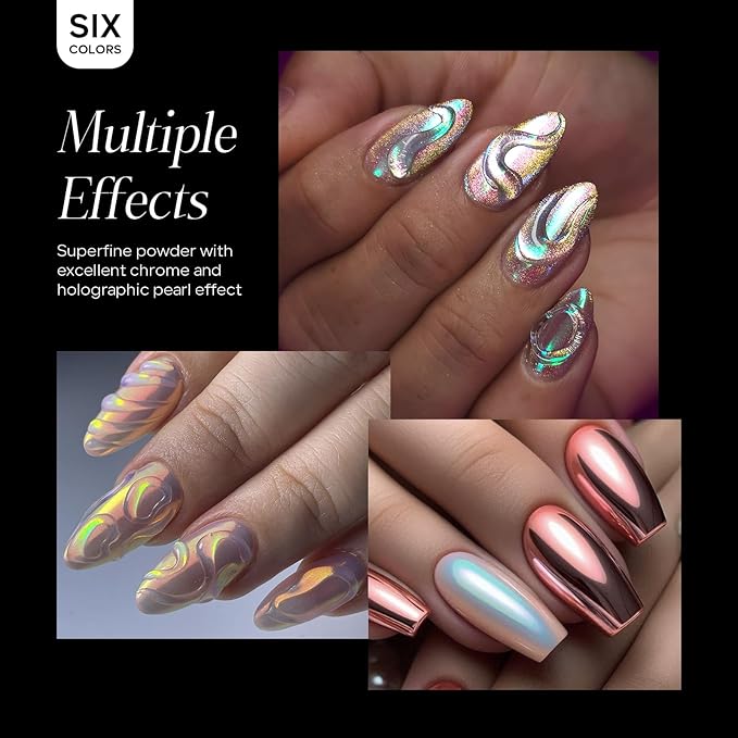 6PCS Chrome Nail Powder with 15ml 3D Nail Gel, Gold Sliver Holographic Aurora Iridescent Rubbing Dust, Metallic Mirror Pigment Powder and Non-Sticky Sculpting Gel for DIY Nails Designs-B