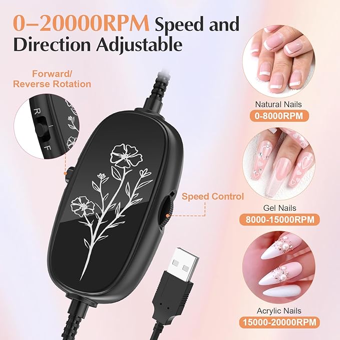 JIASHENG USB Electric Nail Drill, Portable File for Acrylic Gel Nails, Professional Kit for Manicure and Pedicure With Drill Bits for Home and Salon Use, Gold