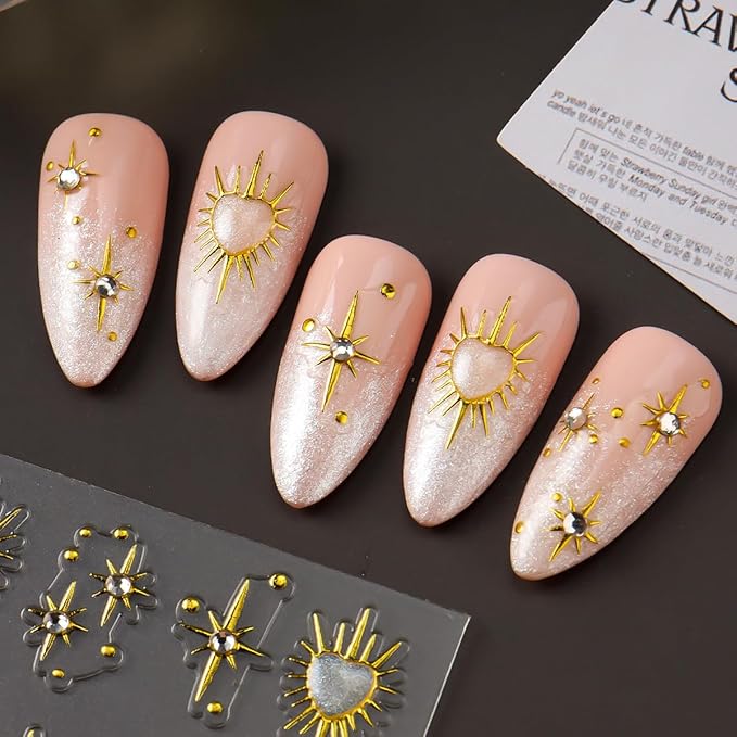 4Pcs Star Nail Decals Embossed Star Nail Art Stickers 5D Self-Adhesive Gold Bronzing Cross Starlight with Heart Rhinestones Nail Design Stickers Luxury Decals for Women Girls Manicure Decoration