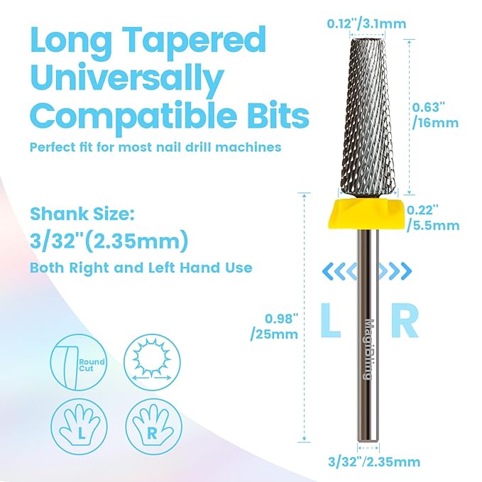 16mm 5 in 1 Tapered Barrel Nail Drill Bits, 3/32'' Safety Tungsten Carbide Bits, Right & Left Rotation, Manicure Cuticle Gel Acrylic Removal Polishing, Technicians Bits, Extra Fine.