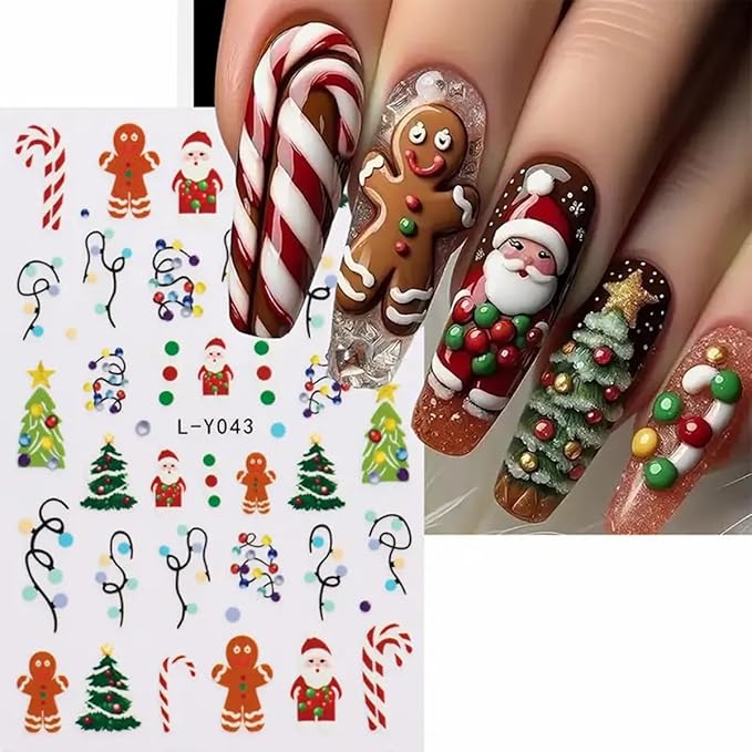 Christmas Nail Art Stickers Decals Glow in The Dark Colorful Light Christmas Nail Stickers 6PCS Gingerbread Man Snowflake Santa Claus Tree Self-Adhesive Luminous Xmas Nail Decals Supply for Women