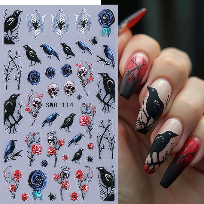 3D Horror Halloween Nail Art Stickers Decals Scary Skeleton Crow Spider Skull Nail Stickers with Spider Web Design Self-Adhesive Red Blue Rose Nail Decals for Women DIY Manicure 4 Sheets