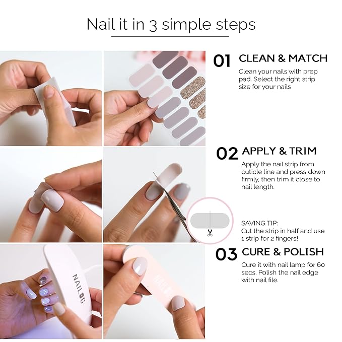 NAILOG Semi Cured Gel Nail Strips (20 Extra Long Polish Stickers/Wraps) │ Glossy & Long Lasting Soft Gel Finishing (Chance)