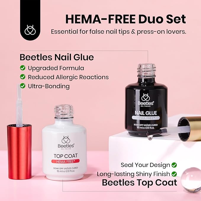 Beetles 2Pcs 15ml HEMA-Free Nail Glue Gel and No Wipe Top Coat Set, Super Strong for Gel Nail Polish Press-On Nail Extension, Shine Effect Long Lasting Soak Off Uv Light DIY Home Gift for Women