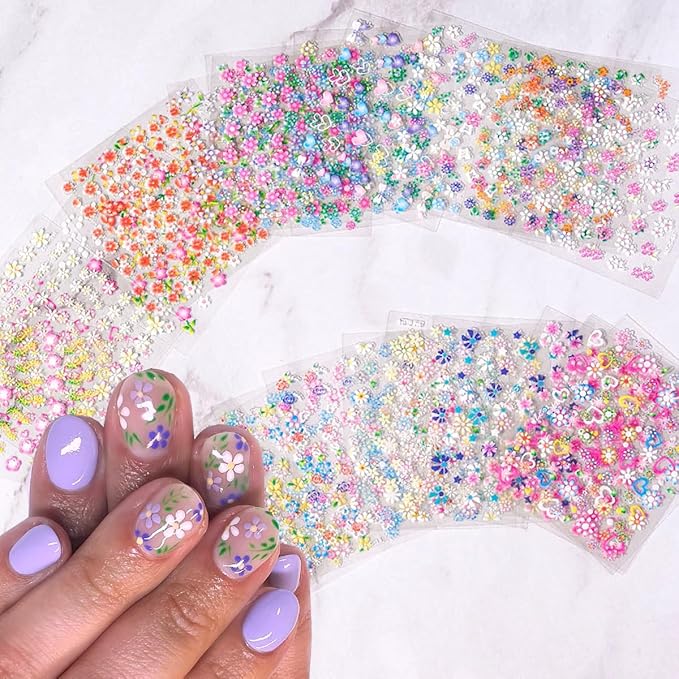 30Sheets Flower Nail Art Sticker 3D Self-Adhesive Nail Art Supplies Colorful Flowers Rose Daisy Cherry Blossoms Nail Decals Pink Floral Nail Design Cute Heart Nail Sticker for Acrylic Nails Decoration