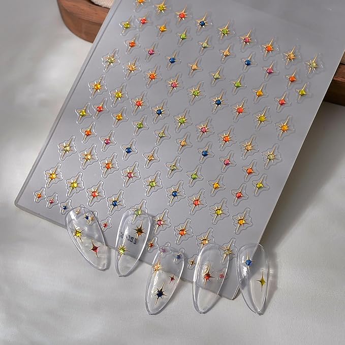 Star Nail Art Stickers, Colorful Cross Star Rhinestones Gold + Jelly Nail Design Shiny Mini Stars Nail Art Supplies 5D Relief Self Adhesive Decor Sticker DIY French Manicure Decal for Women