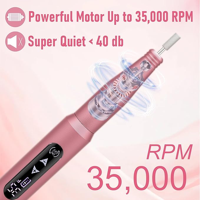 Nail Drill File Electric, 2-in-1 Touch Rechargeable Drill Nail, Cordless Manicure Pedicure Tools Polishing Machine Kit for Acrylic Gel Dip Powder with Nail Drill Bits Sanding Bands (A-105 Pink)