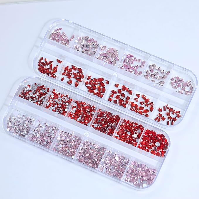HNUIX Nail Rhinestones for Nails - 3D Multi Shapes, Flat Back, Small Nail Gems, Red & Pink Nail Stones, with Kit, for Nail Art, DIY Decor