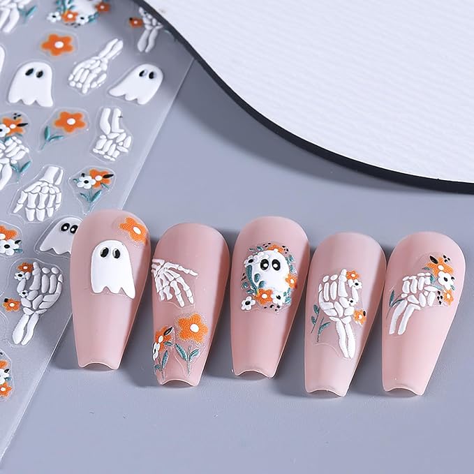 Halloween Nail Art Stickers, Cute Ghost Nail Art Decals 3D Self-Adhesive Skull Pumpkin Black Cat Flower Nail Design 4Pcs Halloween Nail Art Supplies for Women Nail Decoration