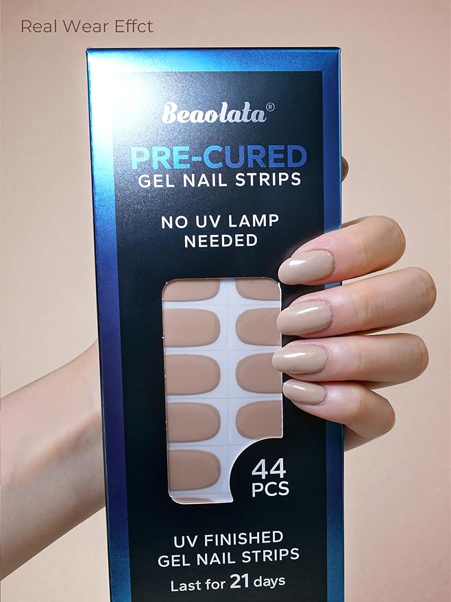 Pre Cured Gel Nail Strips - 44PCS Salon Quality Gel Nail Stickers - Long Lasting Polish Wraps for Women no UV Light Needed Easy Apply& Remove (Minimal Nude)