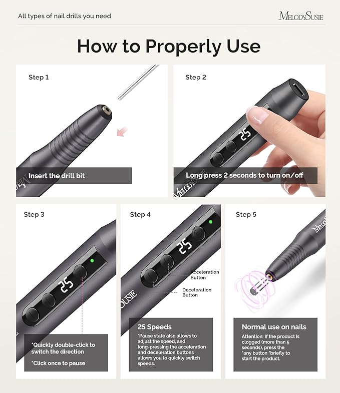 MelodySusie Cordless Nail Drill, PC180G 25,000RPM Rechargeable Electric Nail File with Nail Drill Bits,Sanding Bands